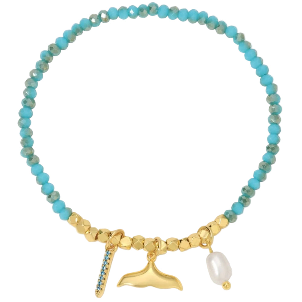 Splendid Iris Whale Tail Glass Crystal & Gold Charm Stretch Bracelet