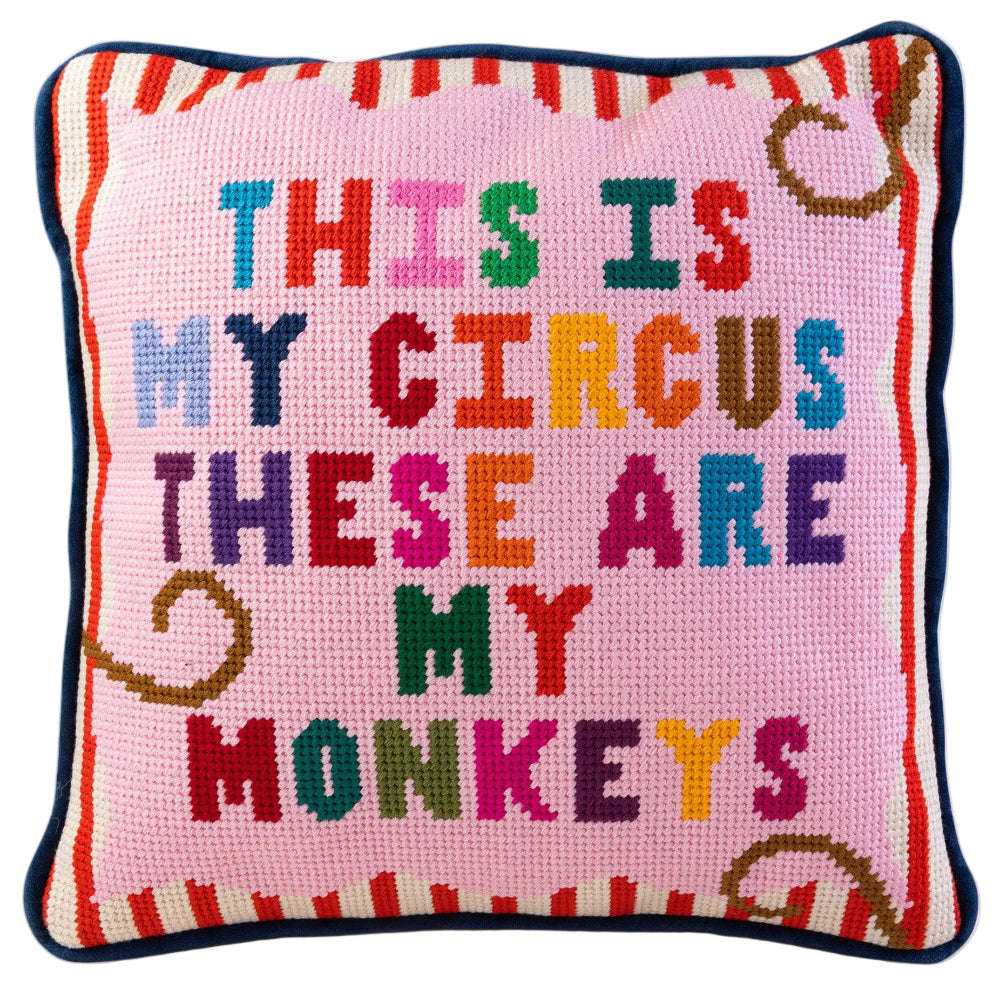 Furbish Cotton Needlepoint "My Circus / My Monkeys" Statement Pillow - 11" x 11"