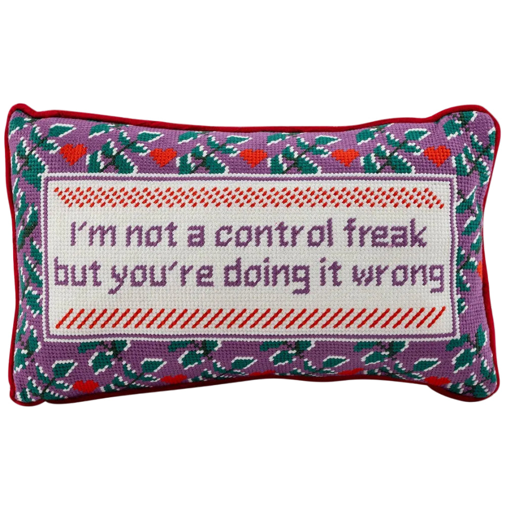 Furbish Cotton Needlepoint "Not a Control Freak" Statement Pillow - 9" x 15"