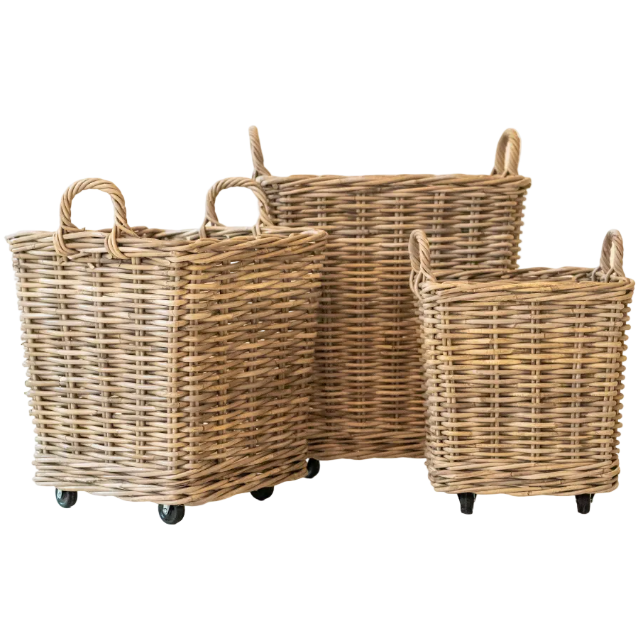 Basketly Wheeled Square Rattan Storage Baskets