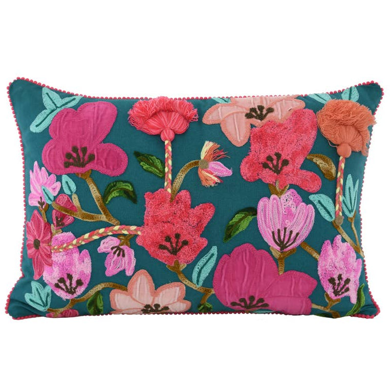 Karma Embroidered Teal & Pink Floral Cotton Lumbar Pillow - 16" x 24"