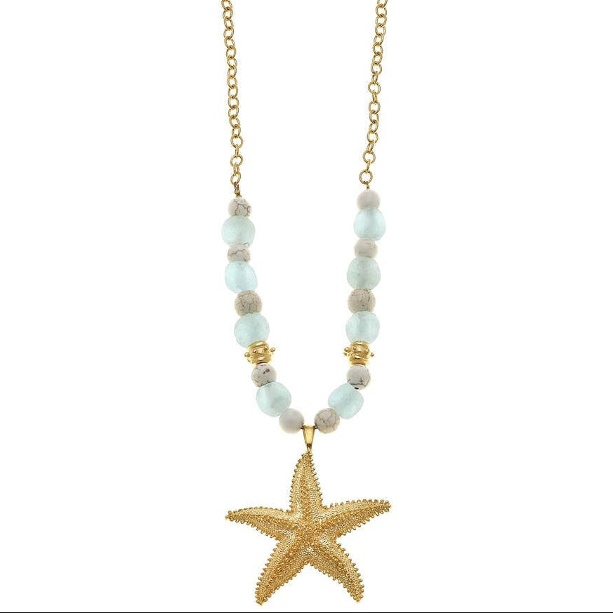 Susan Shaw Gold Starfish Pendant & Sea Glass Beads Necklace