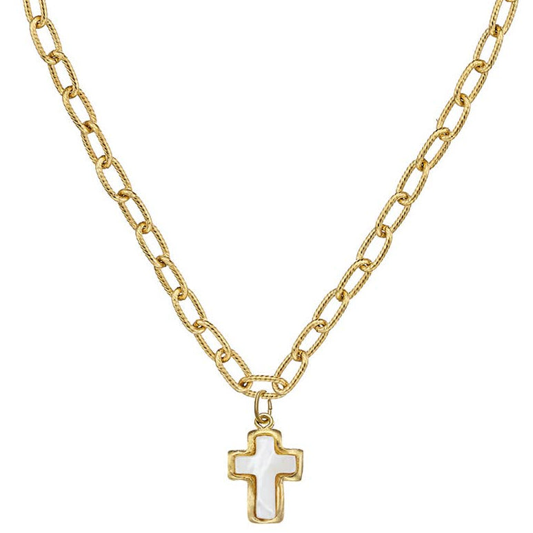 Susan Shaw Gold Mother of Pearl Jane Cross Pendant Necklace