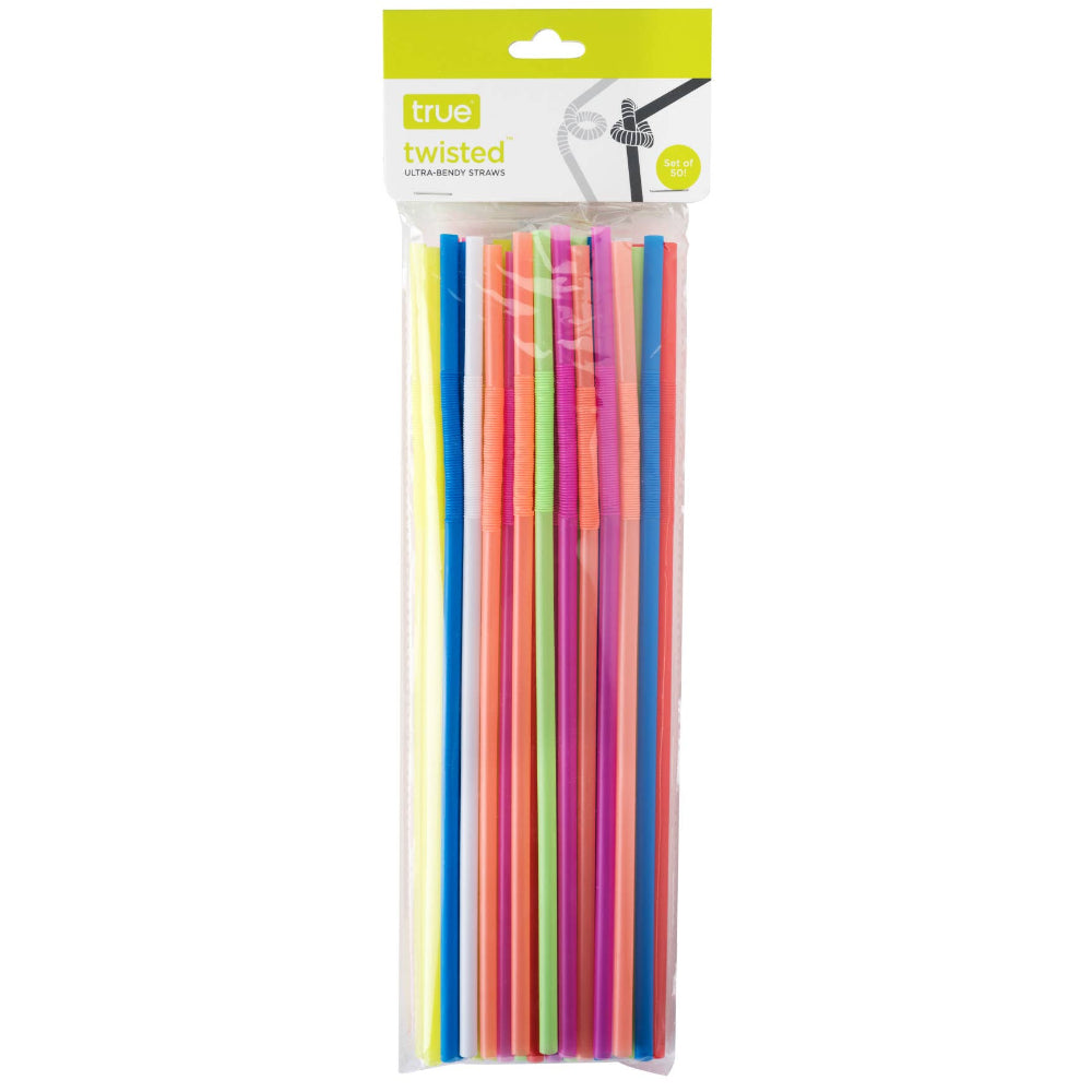 TRUE Disposable Plastic Bendable Drinking Straws Party Set - 50 pc.