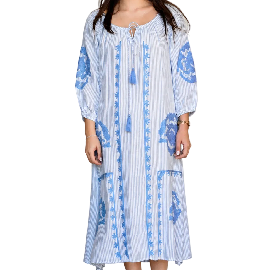 Dolma Cotton White/Blue Embroidered Coastal Dress