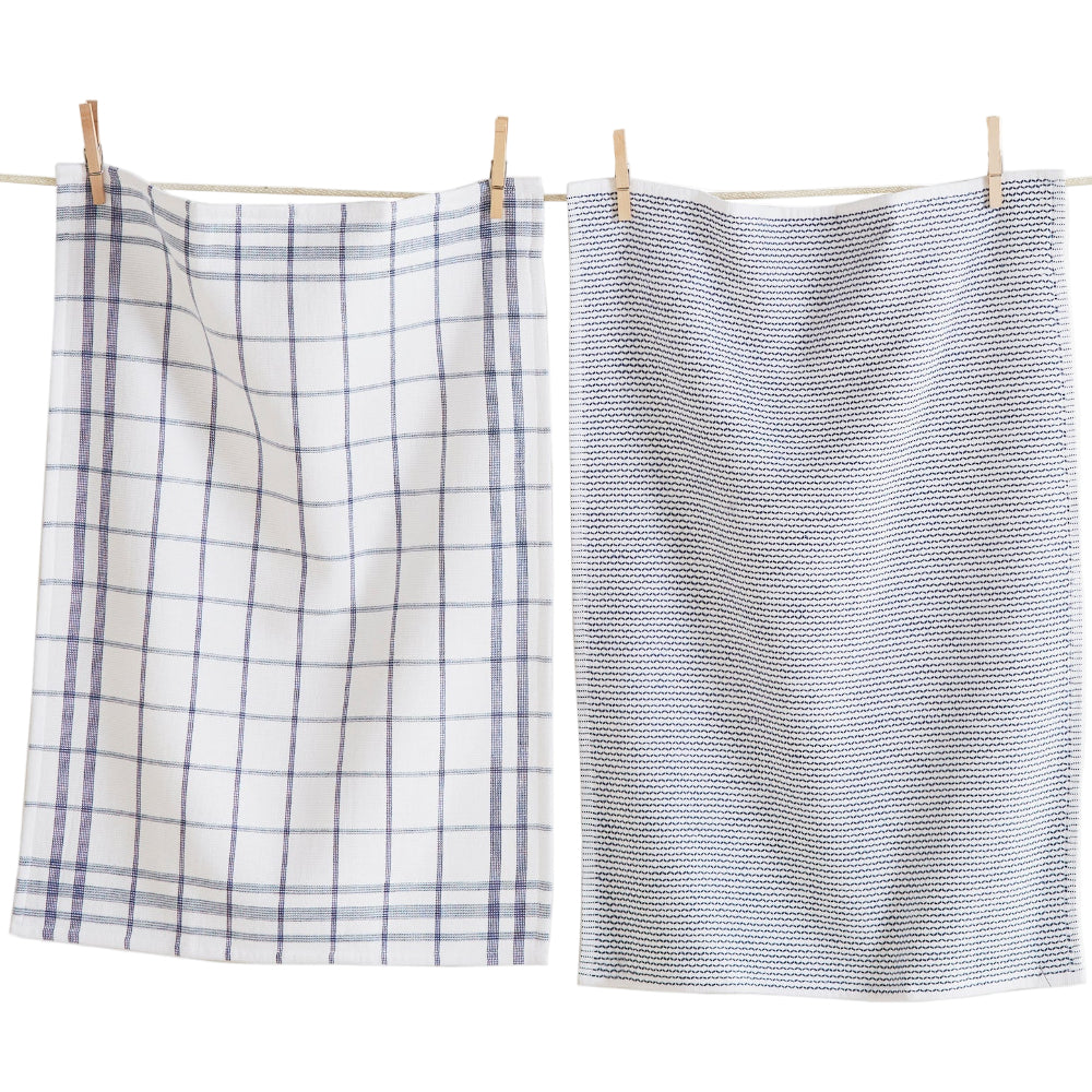 Classic Blue Plaid / Stripe Cotton Terry Dishtowels - 2 pc.