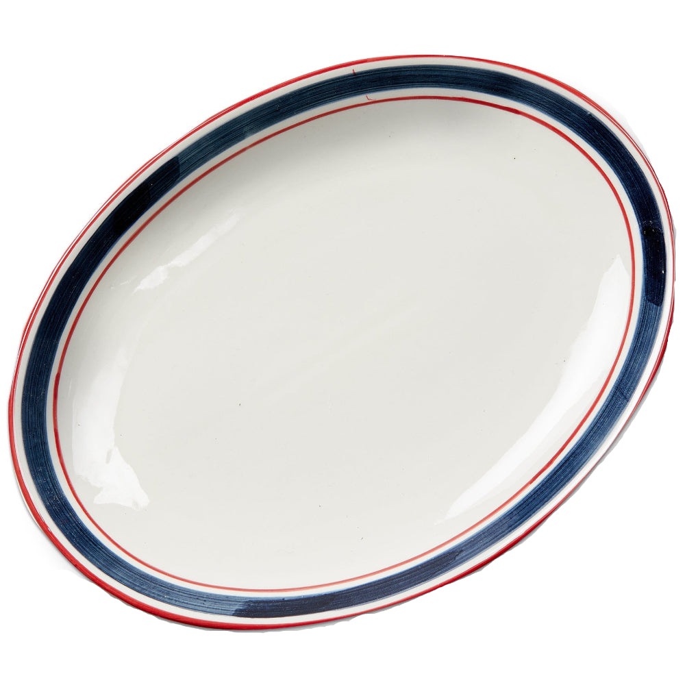 TAG White Glazed Stoneware Platter w/ Navy & Red Stripes - 12" x 13.25"