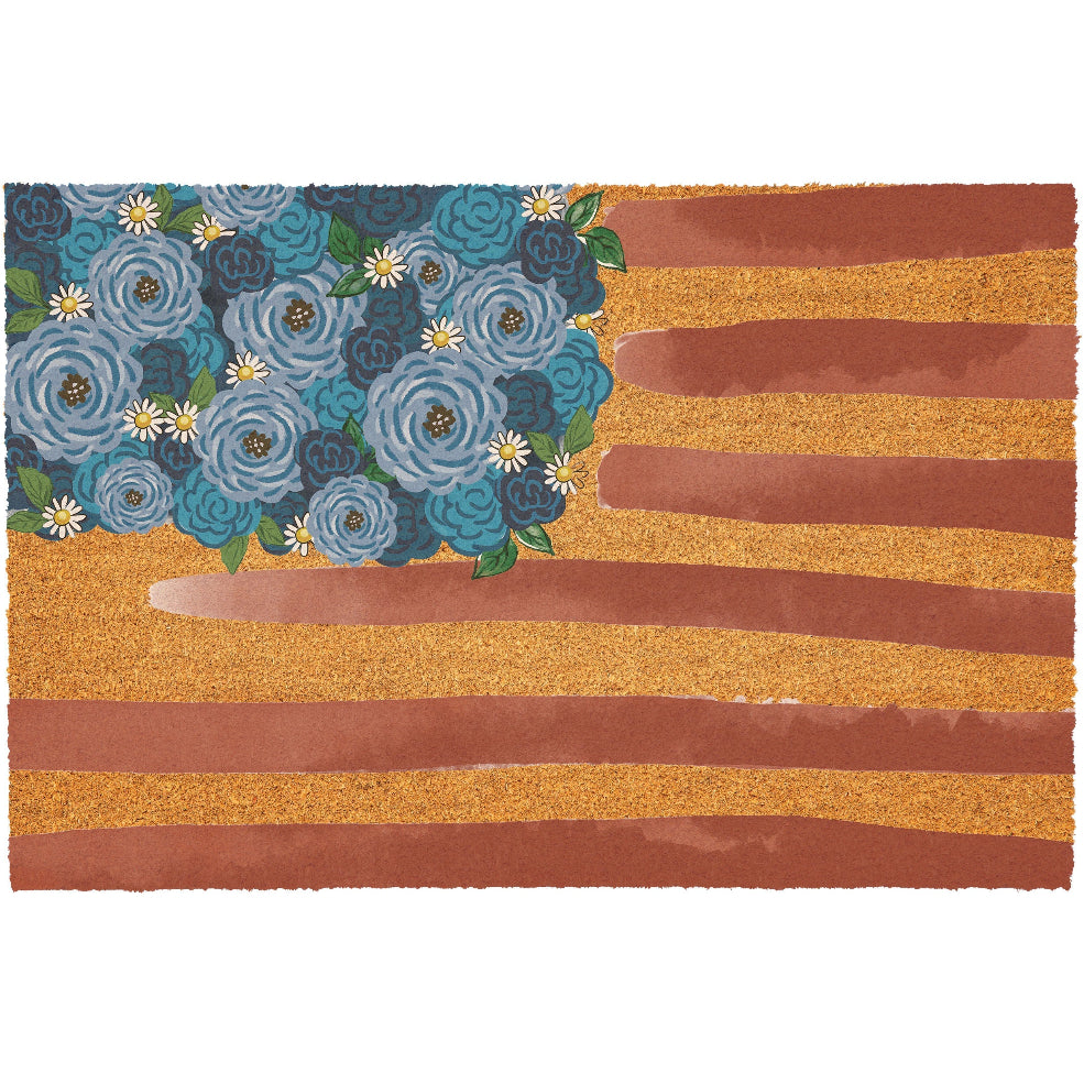 Floral American Flag Coir Mat - 24" x 36"