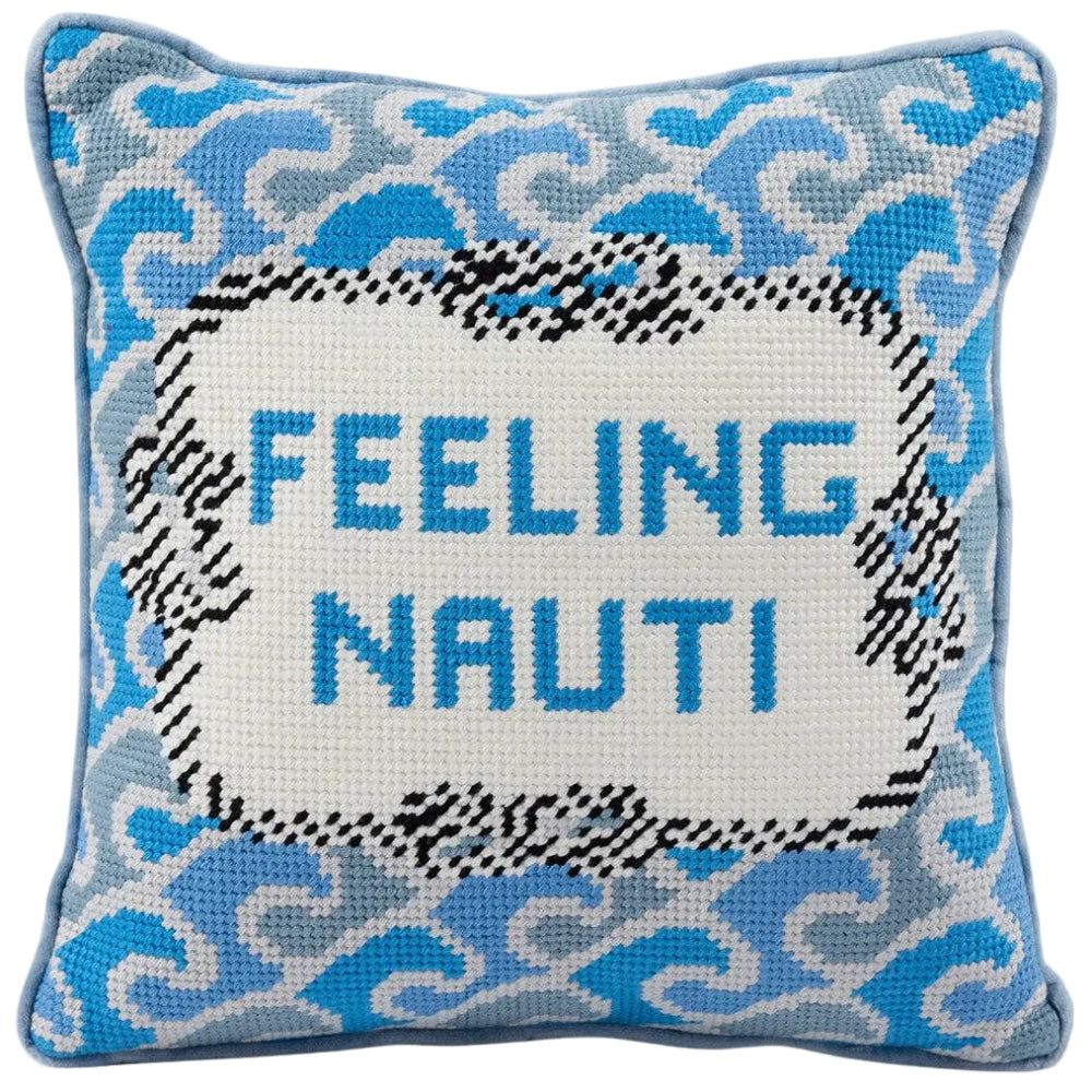 Furbish Cotton Needlepoint "Feeling Nauti" Statement Pillow - 11" x 11"