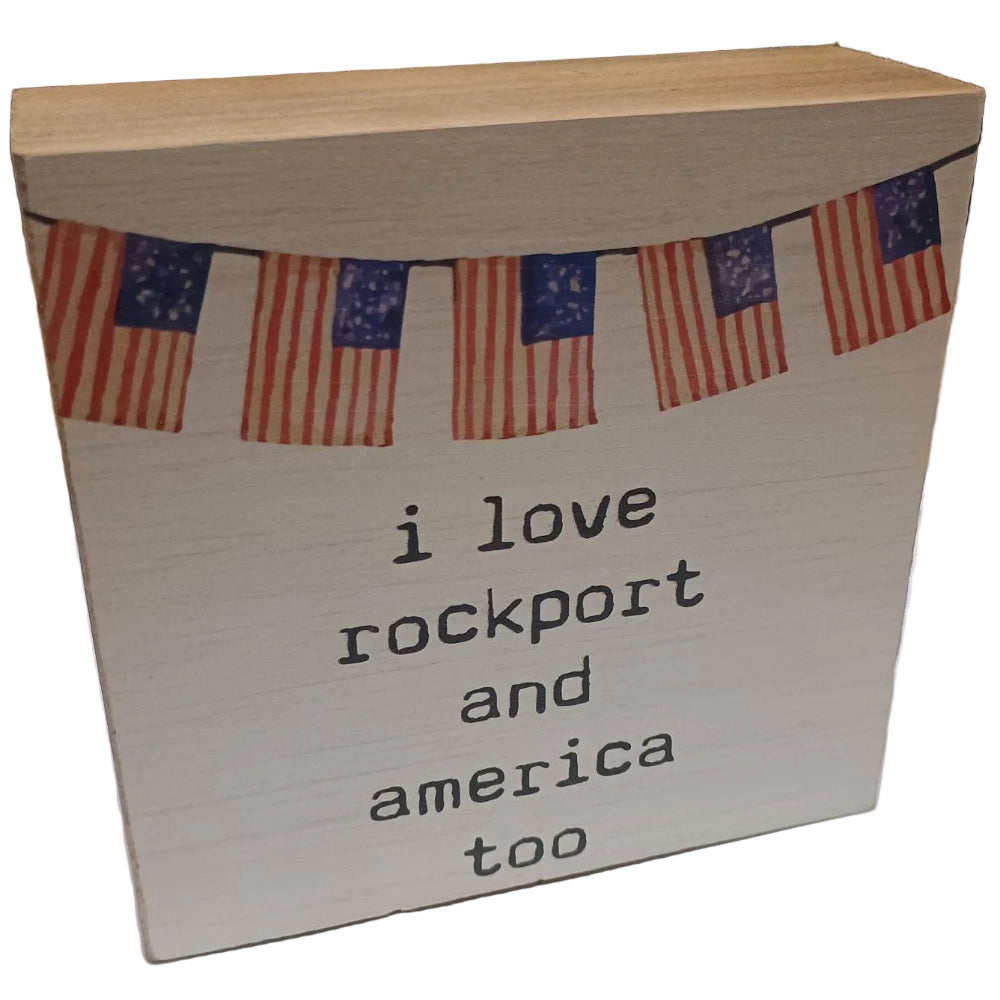 Rustic Marlin "I Love Rockport & America Too" Wooden Block - 5.5" x 5.5"