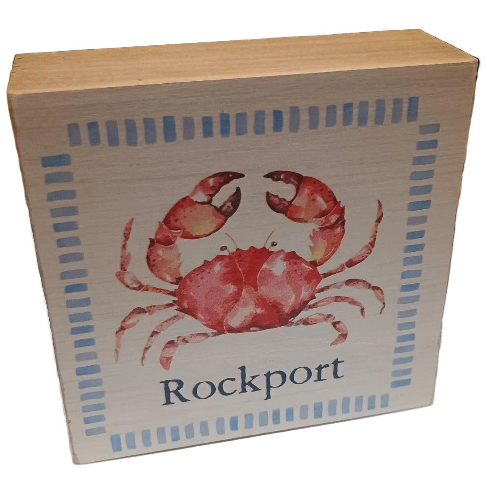Rustic Marlin "Rockport" Pink Crab Wooden Block - 5.5" x 5.5"