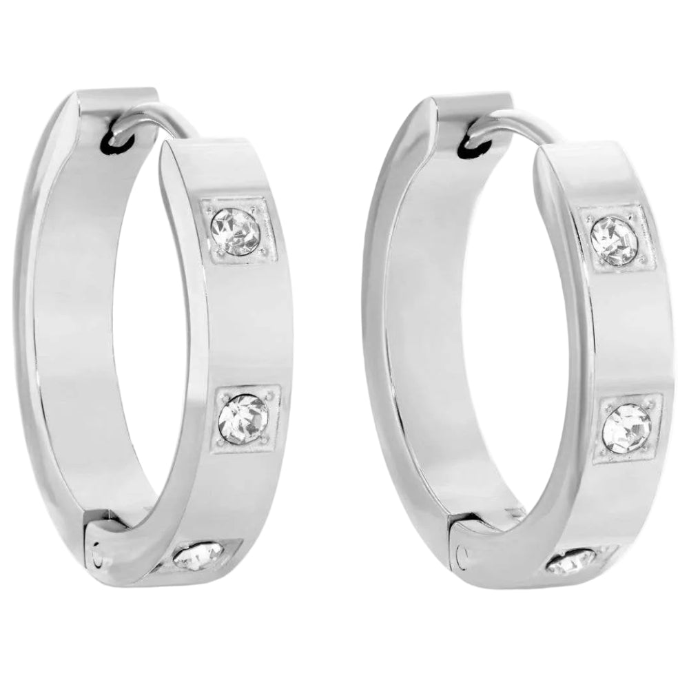 Splendid Iris Stainless Steel Cubic Zirconia Studded Huggie Earrings