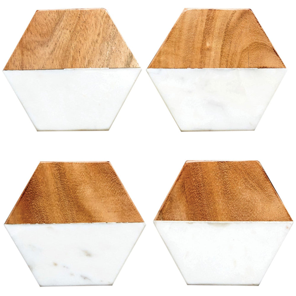 Hexagonal 4" White Marble & Mango Wood Coasters - 4 pc.