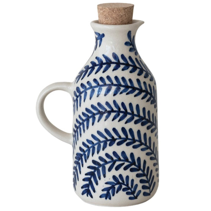 Hand-Painted Blue & White Stoneware Oil Cruet w/ Cork - 8 oz