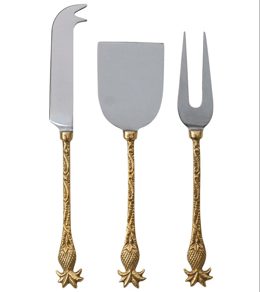 Brass Pineapple Handle Stainless Steel Cheese Knives - 3 pc.
