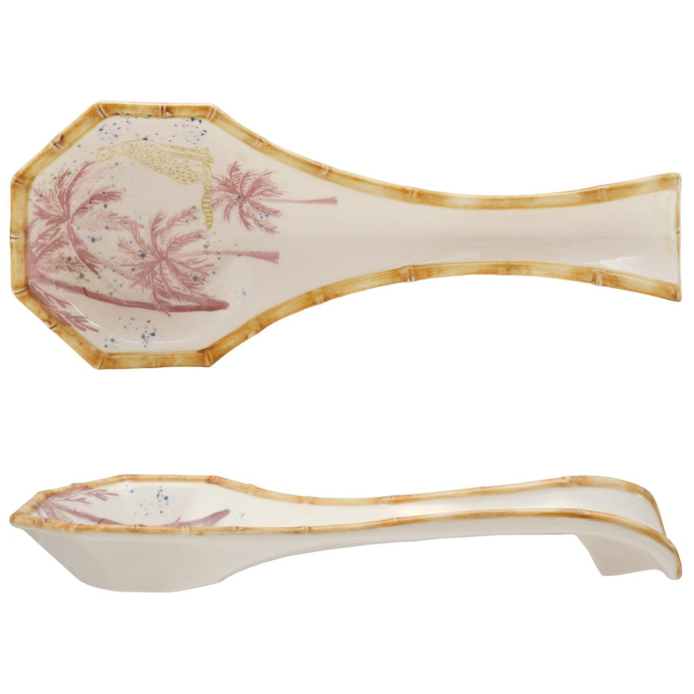 Hand-Painted Palm & Cheetah Stoneware Spoon Rest - 10.5"