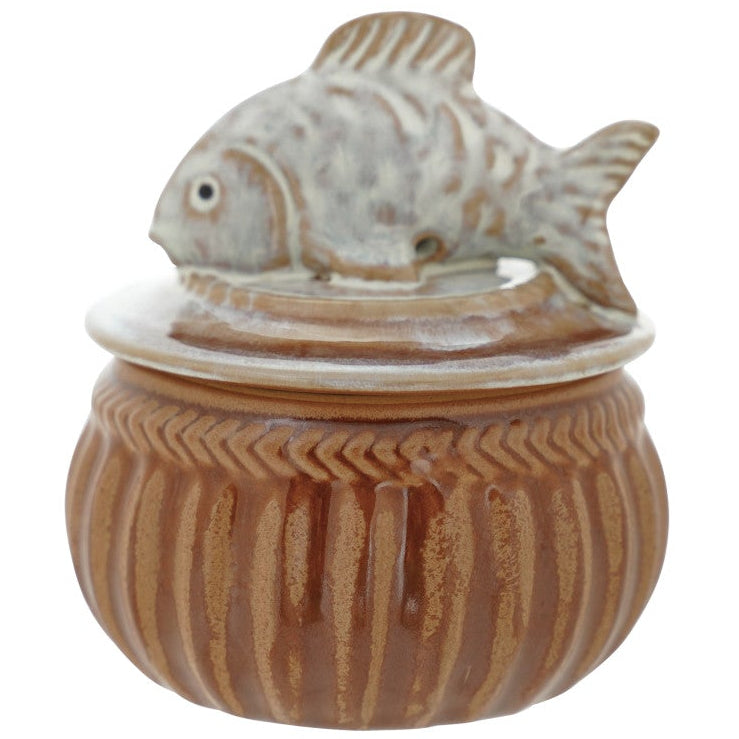 Brown & White Stoneware Salt Cellar w/ Fish Lid - 4"