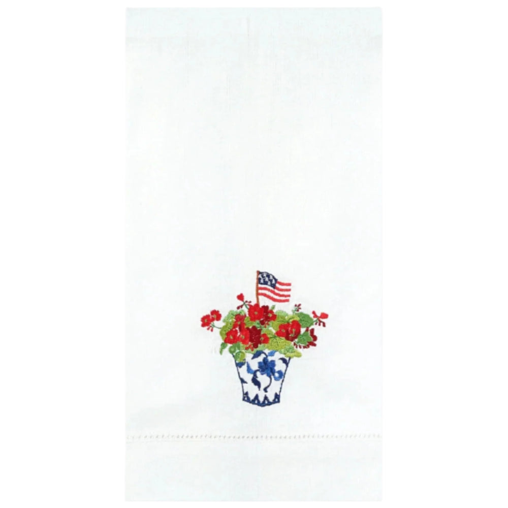 Peking Embroidered Cotton Geranium & US Flag Tea Towel - 14" x 22"