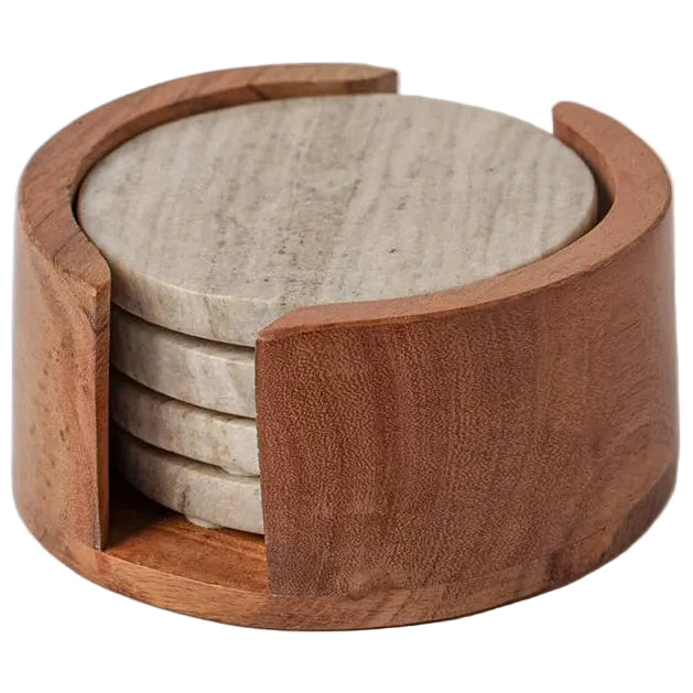 Verve 4" Natural Marble Coasters w/ Wooden Caddy - 5 pc.