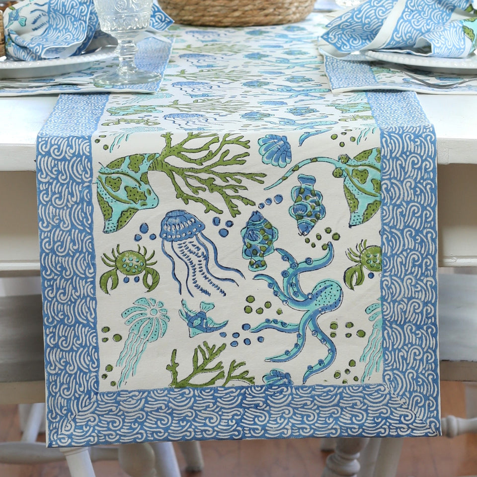 Pacific & Rose Block-Printed Cotton Table Runners - 14" x 90"
