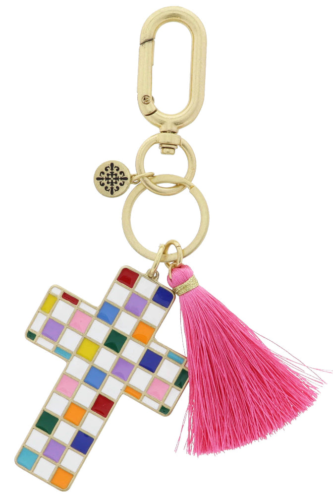 Jane Marie Checkered Cross & Tassel Keychain