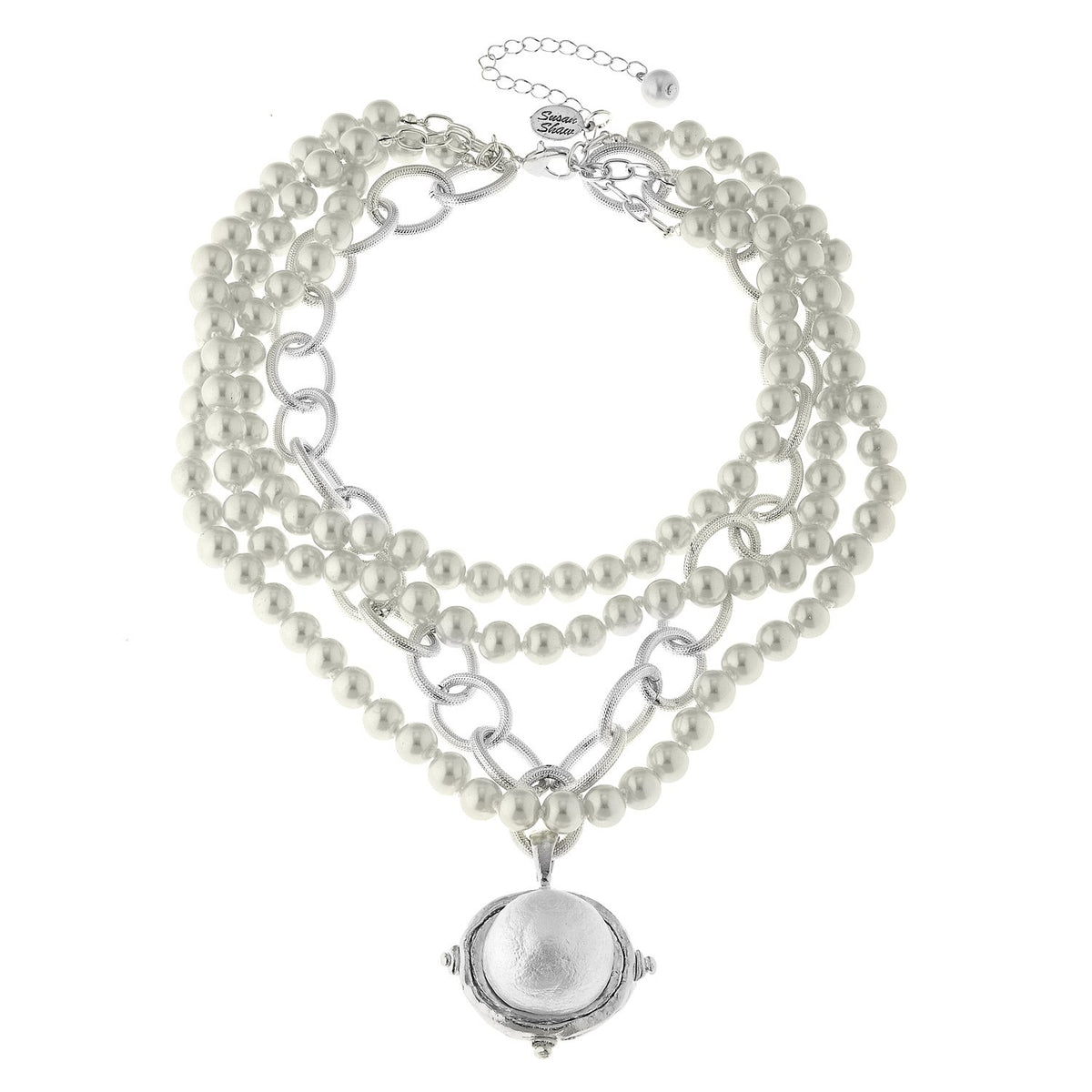 Susan Shaw 3-Strand Pearl Cab Silver Necklace
