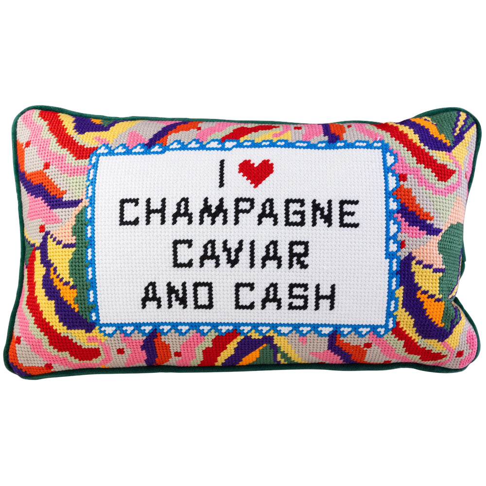 Furbish Cotton Needlepoint "Champagne, Caviar, & Cash" Statement Pillow - 9" x 15"