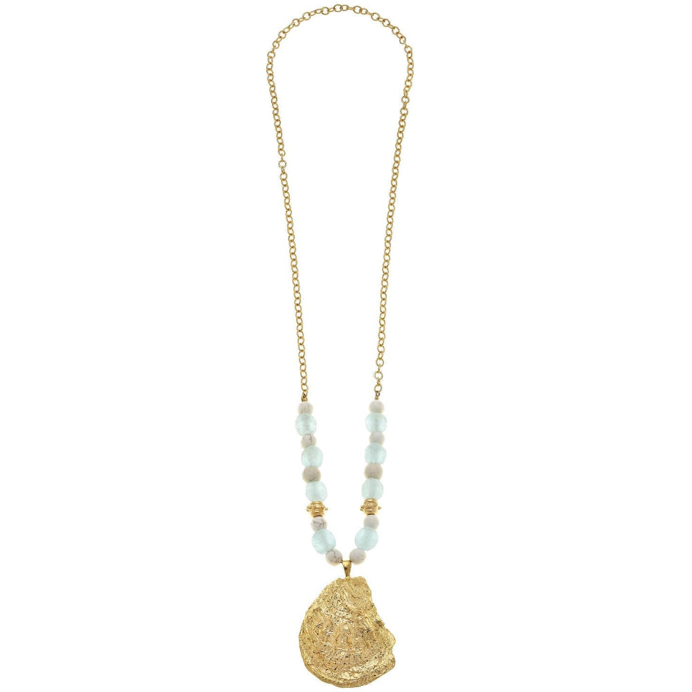 Susan Shaw Gold Oyster Pendant & Sea Glass Beads Necklace