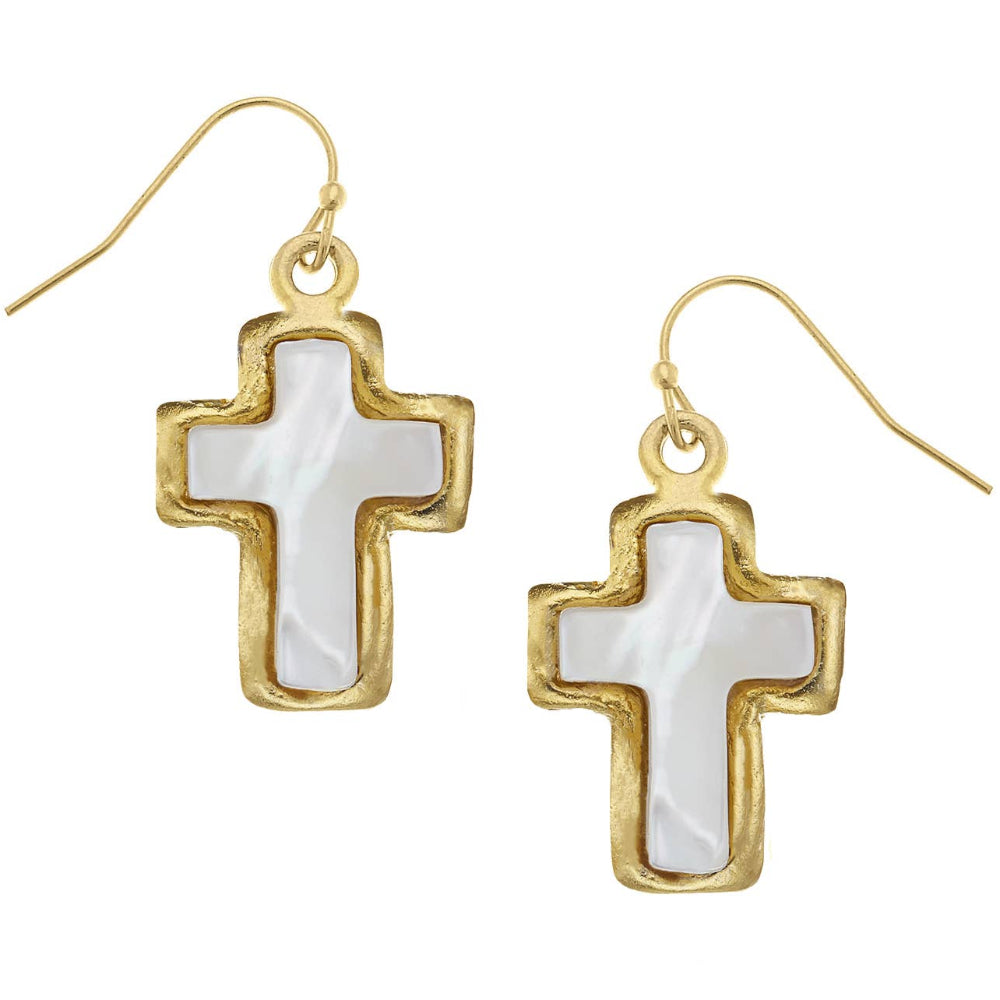 Susan Shaw Gold Mother of Pearl Cross Earrings