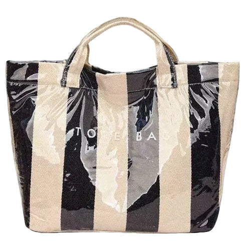 Nash Grey Glossy Canvas Striped Tote Bags - 13.2" x 11.8"