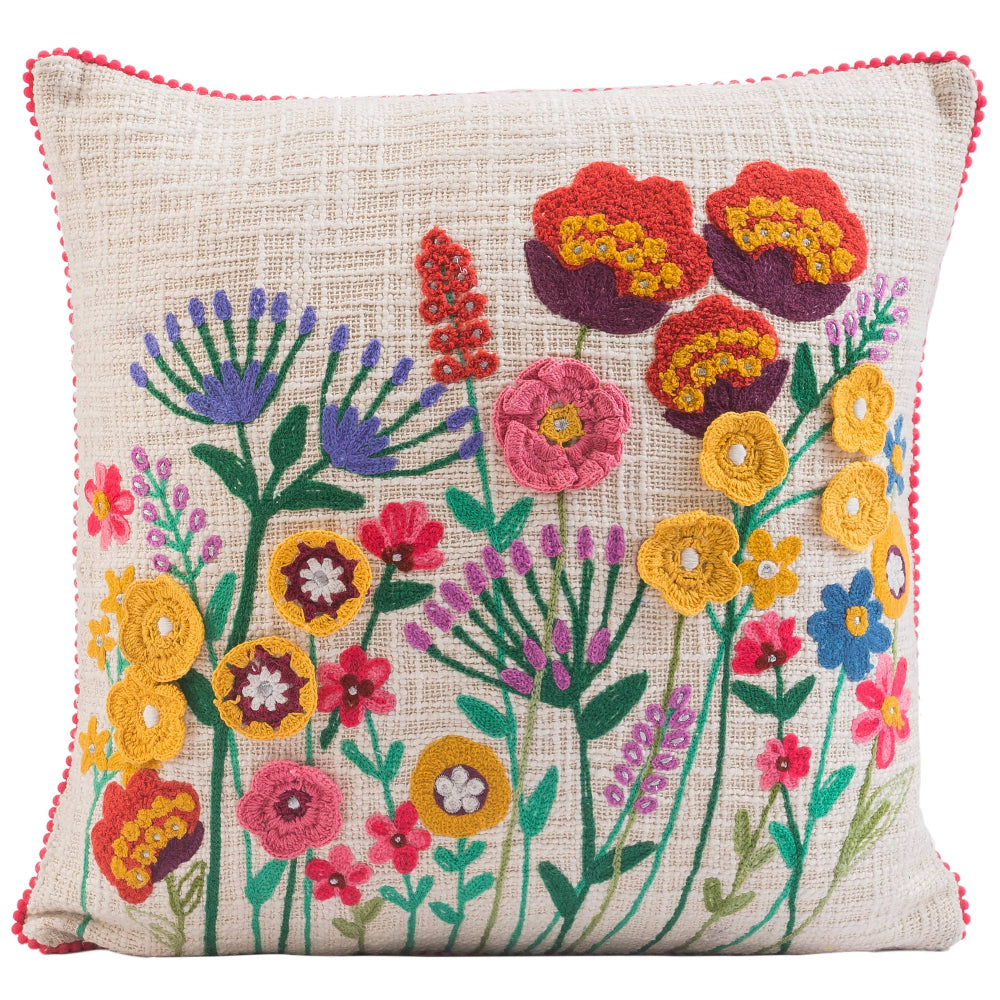 Karma Embroidered Spring Wildflowers Cotton Throw Pillow - 18" x 18"