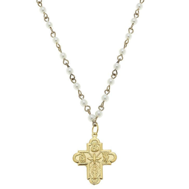 Susan Shaw Gold/Pearl Beaded Textured Cross Pendant Necklace