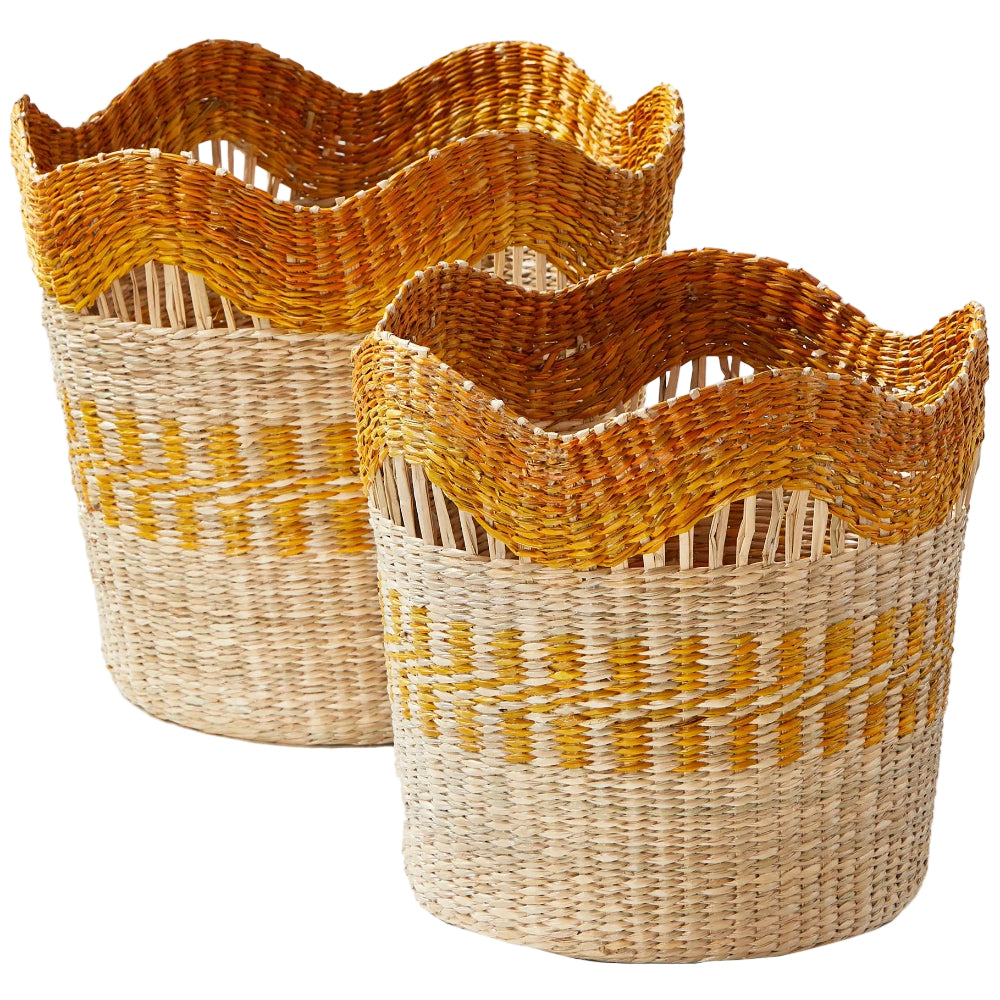 TAG Scalloped Orange Stripe Seagrass Baskets - 12" & 14"