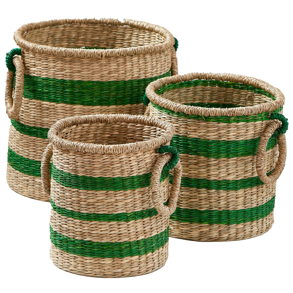 TAG Handled Green Stripe Seagrass Baskets