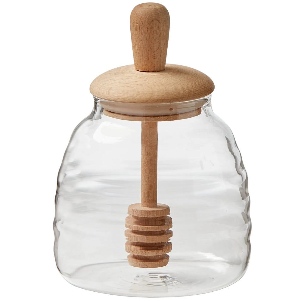 TAG Glass Honey Jar w/ Oak Dipper Set - 3.5" x 5.5"