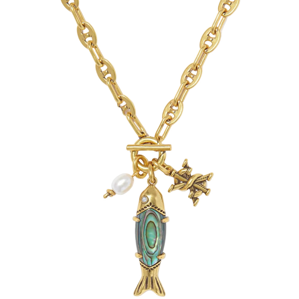 Kendra Scott Parker Vintage Gold Abalone Fish Long Pendant Necklace