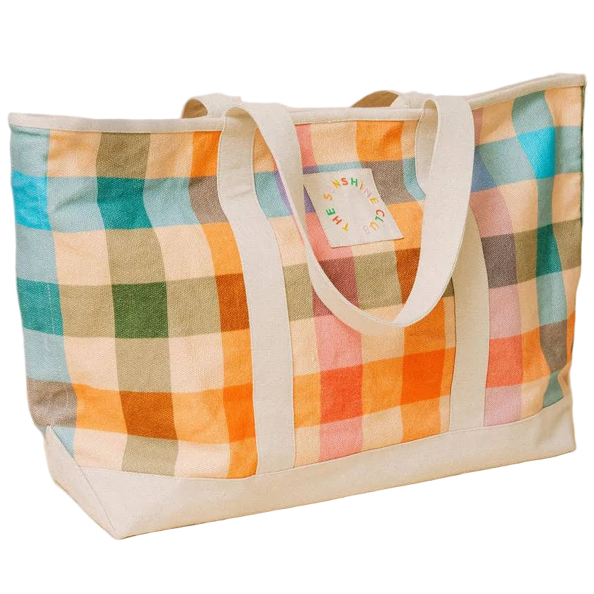 Sunshine Tienda Rainbow Plaid Canvas Beach Tote - 24" x 13" x 7.5"