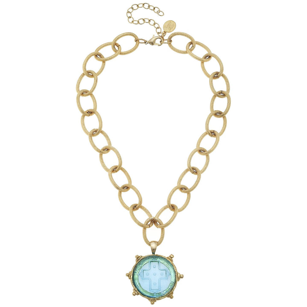 Susan Shaw Gold Chain & Aqua Glass Venetian Cross Pendant Necklace