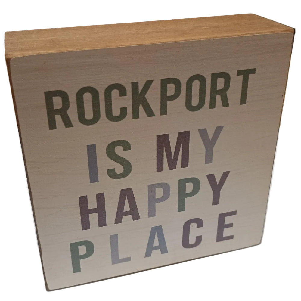 Rustic Marlin "Rockport is My Happy Place" Wooden Block - 5.5" x 5.5"