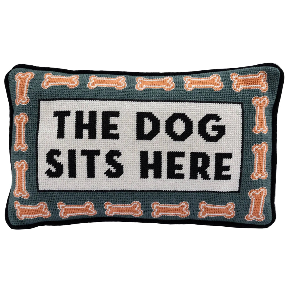 Furbish Cotton Needlepoint "The Dog Sits Here" Statement Pillow - 9" x 15"