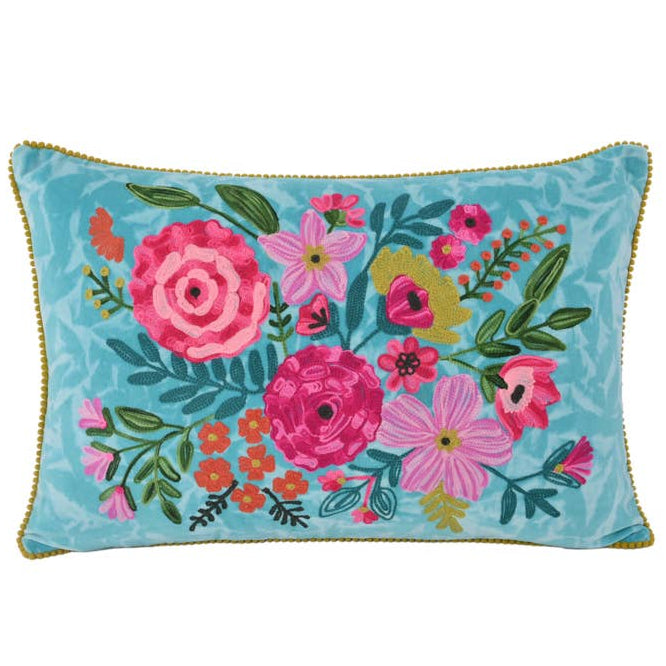 Karma Embroidered Blue Velvet Floral Cotton Lumbar Pillow - 16" x 24"