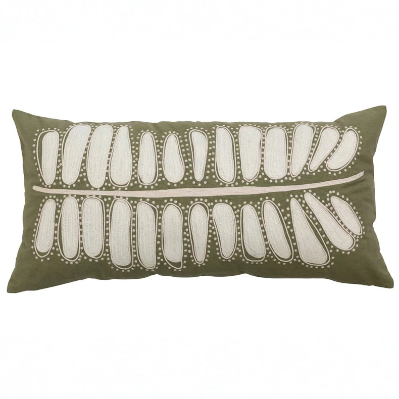 Cotton Lumbar Pillow w/ Leaf Embroidery - 24" x 14"