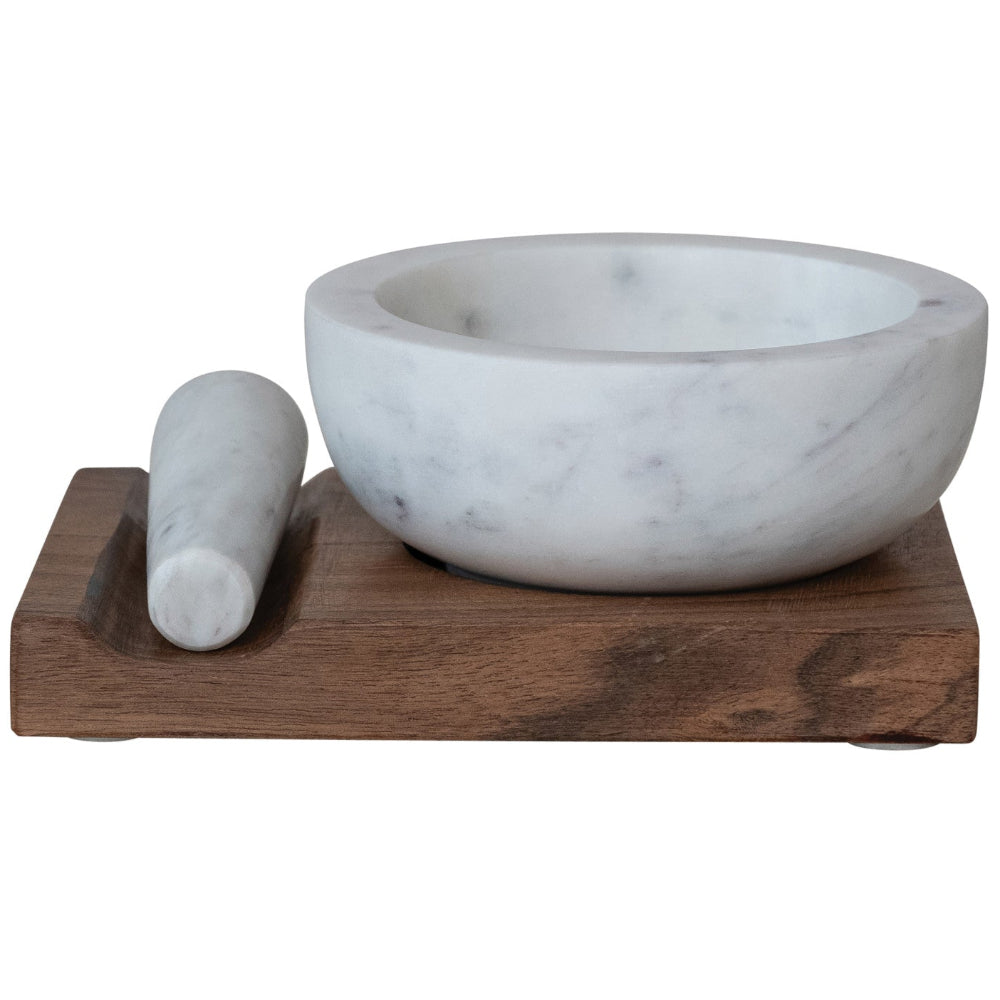White Marble Mortar & Pestle w/ Acacia Wood Stand - 3 pc.