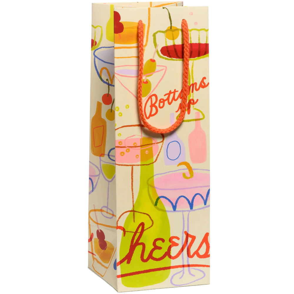 Red Cap "Bottoms Up" Wine Bottle Paper Gift Bag - 13.4" x 4.75" x 4.75"