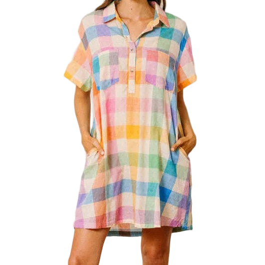 Sunshine Tienda Rainbow Plaid Cotton Mini Dress