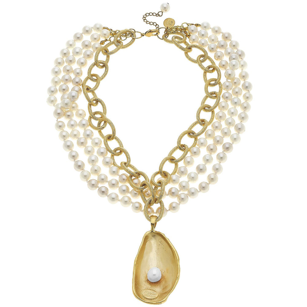 Susan Shaw Gold Oyster Pendant & Freshwater Pearls Necklace